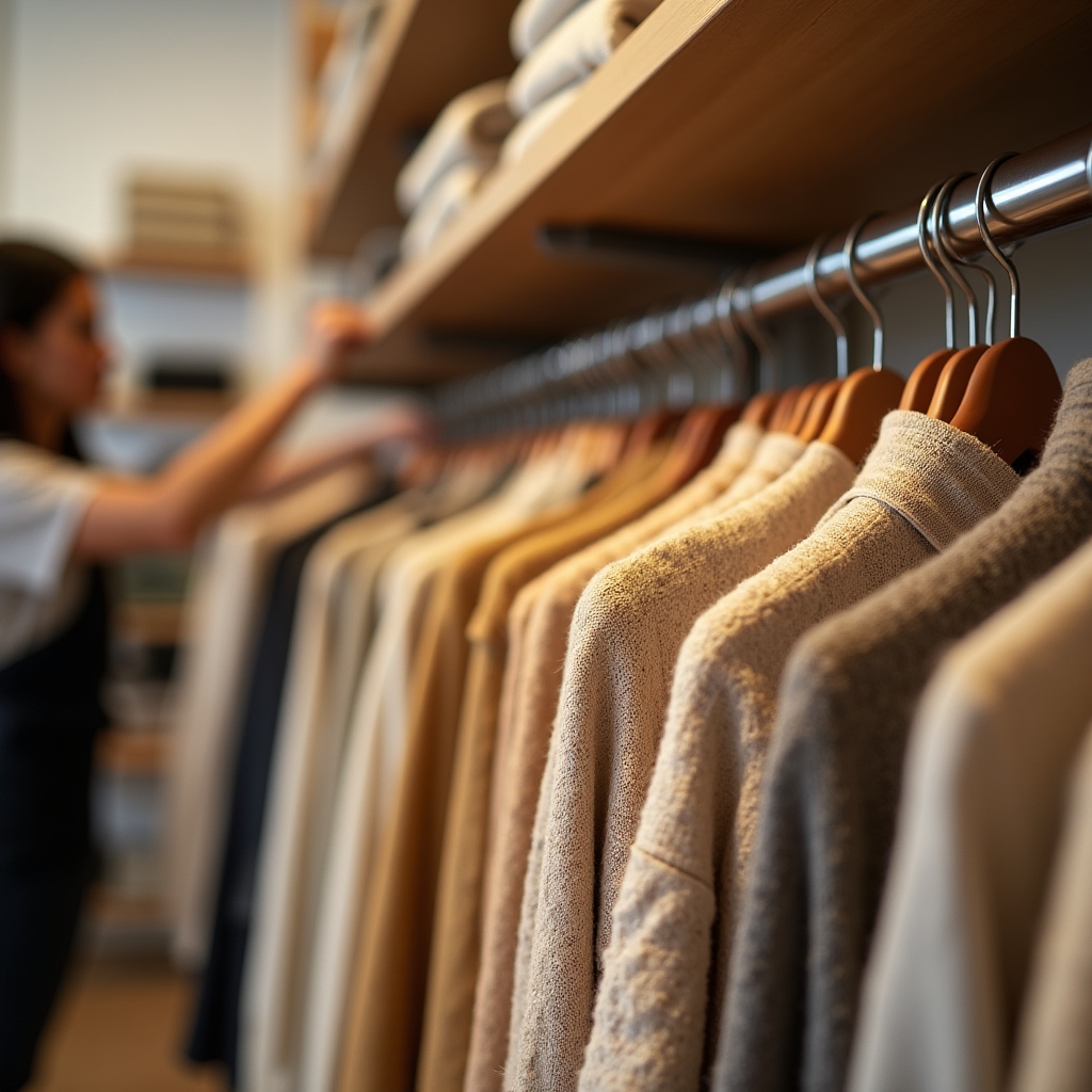 Clothing rack with folded apparel in an independent Australian fashion retail store