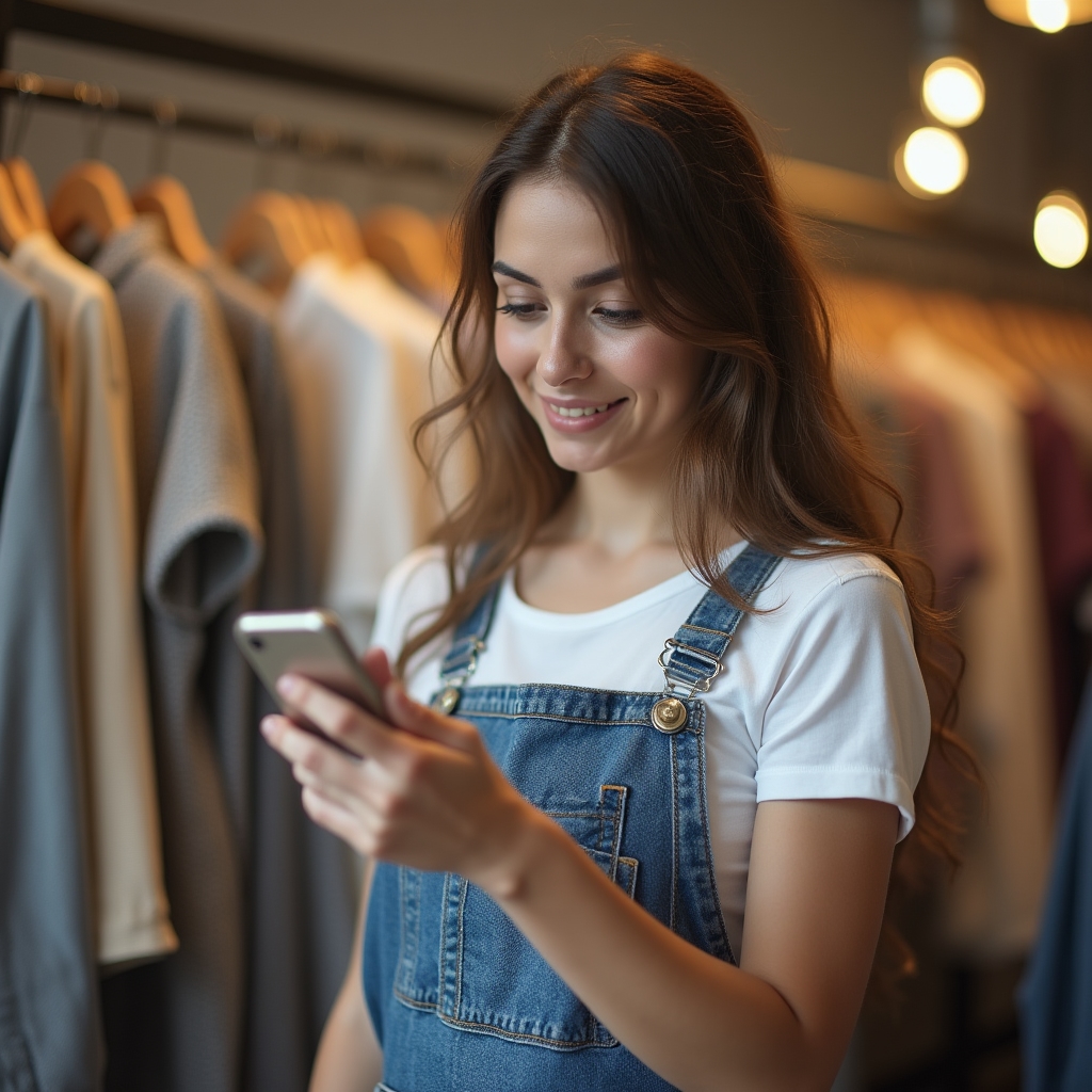 Boutique store owner scanning inventory items with a smartphone near a clothing display