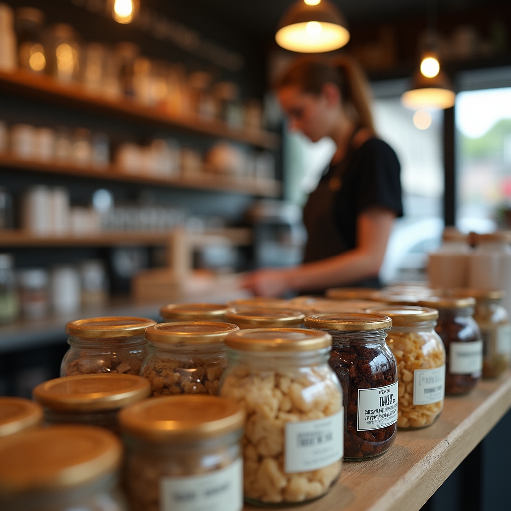 Shelves of packaged specialty food products in a small Australian café retail area