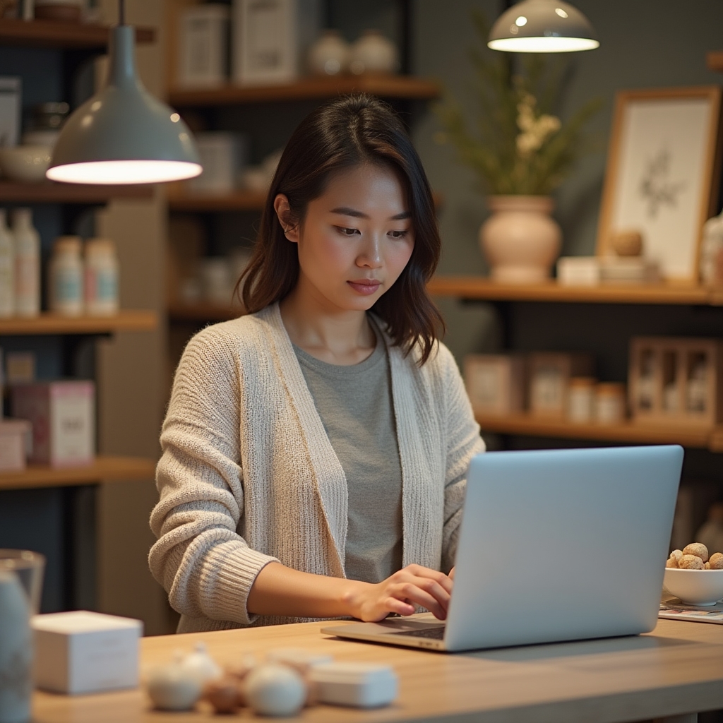 Retail business owner checking stock levels on a laptop in a gift and homewares store