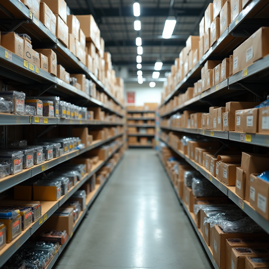 Rows of hardware and tool products organised on shelving in a trade supplies store