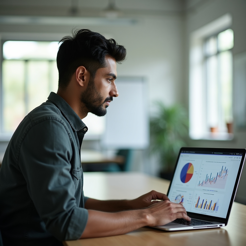 Retail operations manager reviewing sales velocity reports on a laptop dashboard