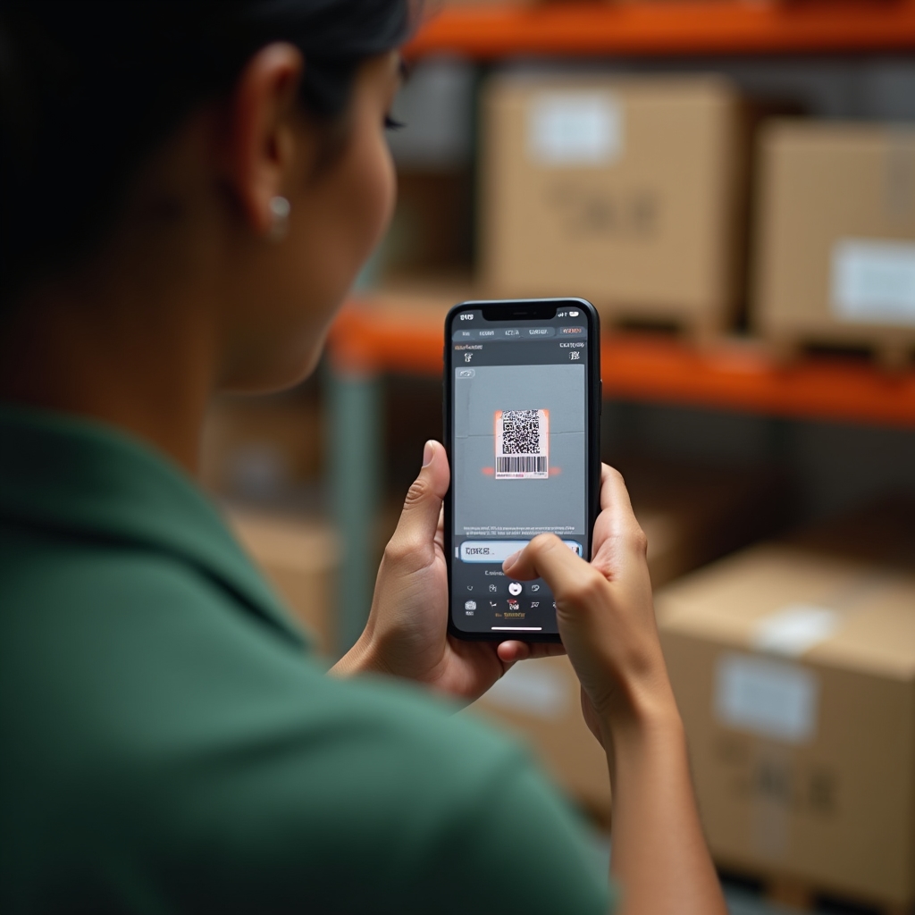 Retail staff member scanning a product barcode using a smartphone in a store aisle