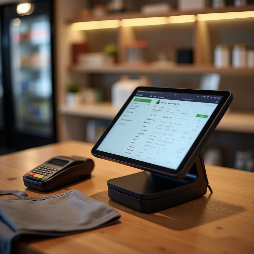Point-of-sale counter setup in a small Australian retail store connected to inventory software