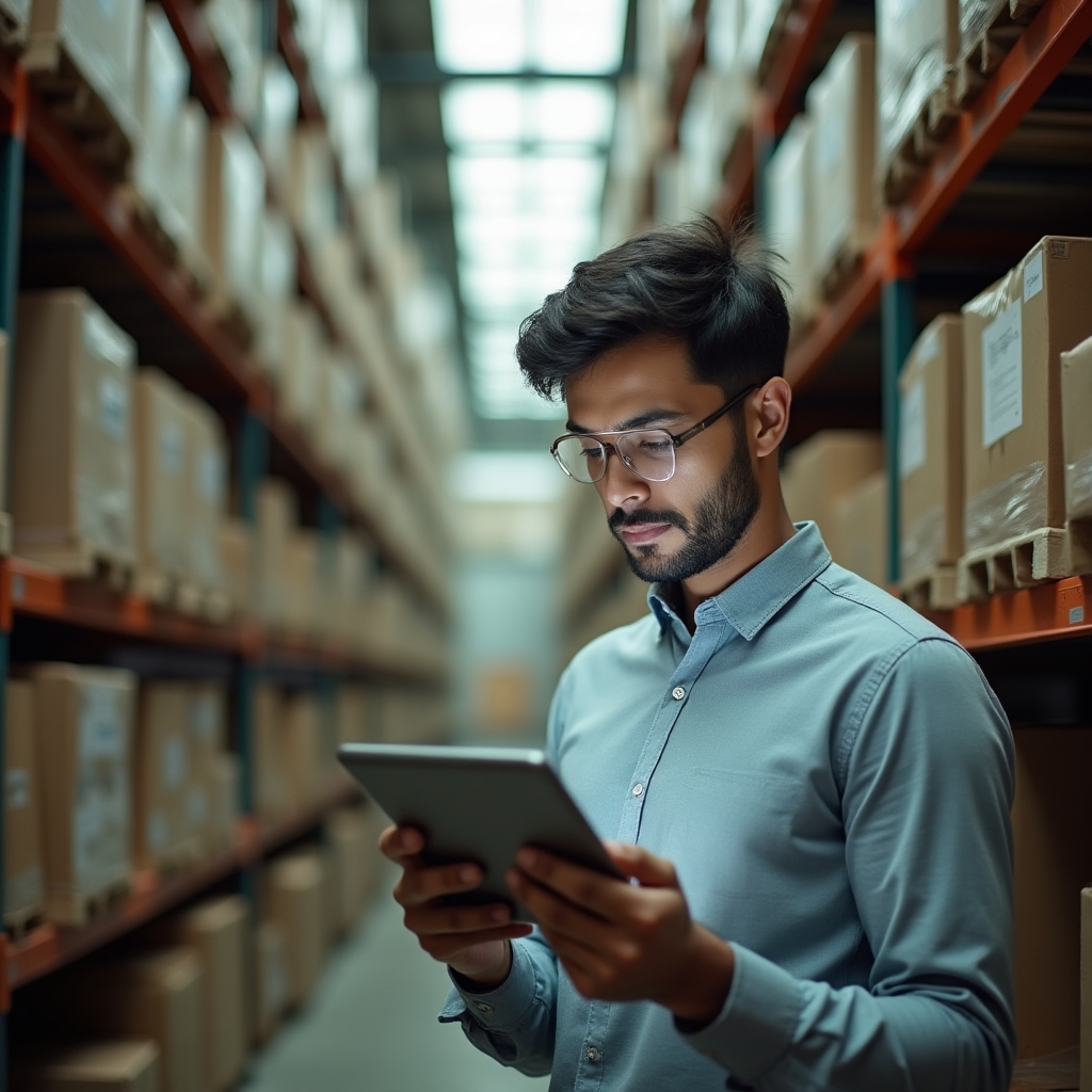 Independent retail store owner reviewing inventory data on a tablet in a stockroom