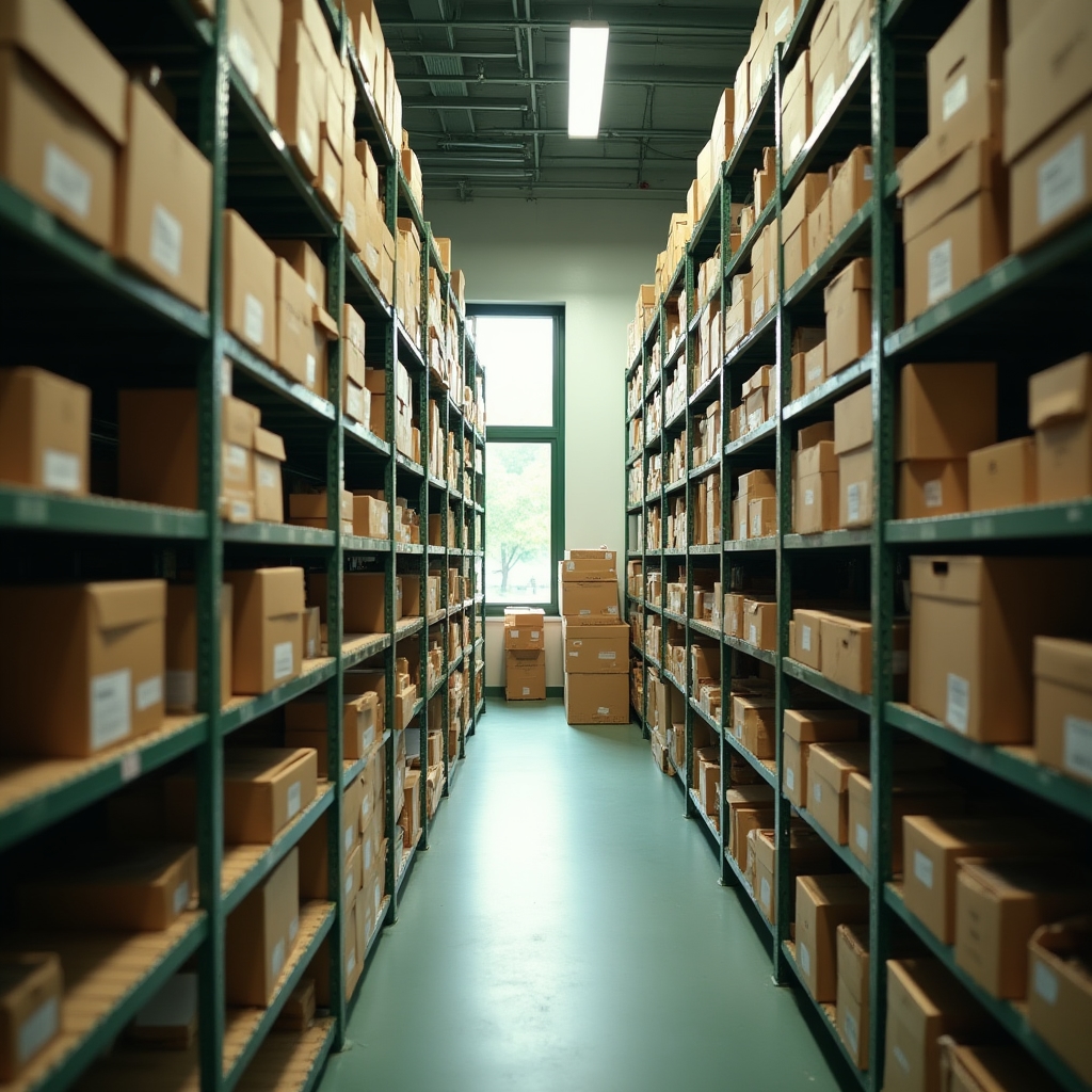 Stockroom shelving with labelled product boxes ready for barcode scanning